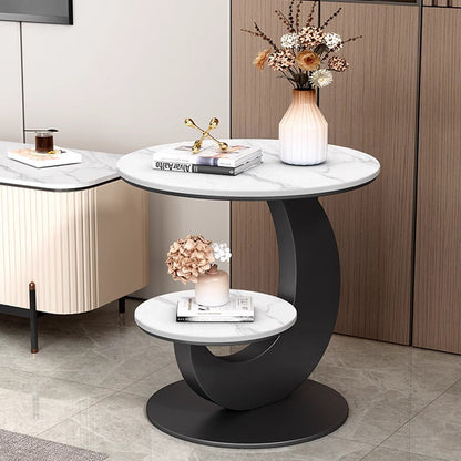 Modern Luxury Sintered Stone Engineered Wood Metal Round Curved Coffee Table 2-Tier For Living Room