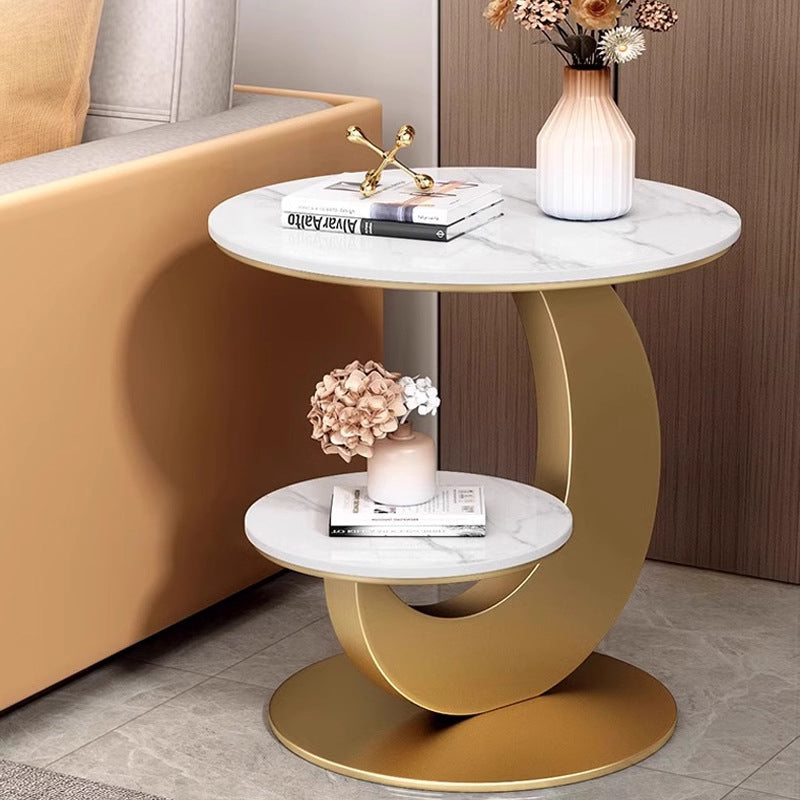 Modern Luxury Sintered Stone Engineered Wood Metal Round Curved Coffee Table 2-Tier For Living Room
