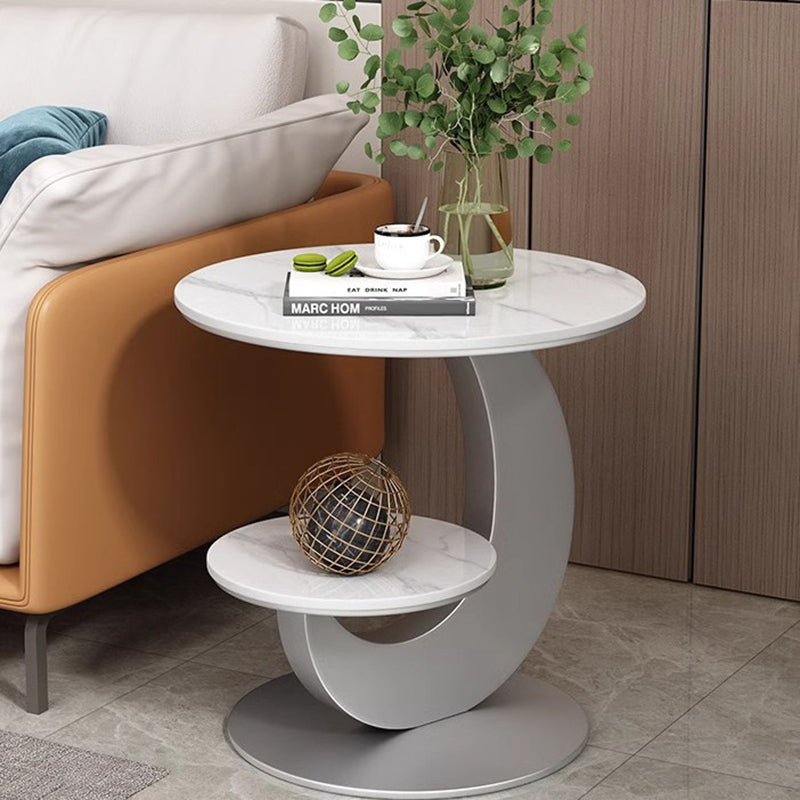 Modern Luxury Sintered Stone Engineered Wood Metal Round Curved Coffee Table 2-Tier For Living Room