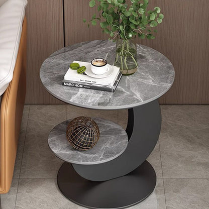 Modern Luxury Sintered Stone Engineered Wood Metal Round Curved Coffee Table 2-Tier For Living Room