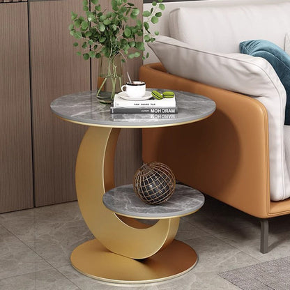 Modern Luxury Sintered Stone Engineered Wood Metal Round Curved Coffee Table 2-Tier For Living Room