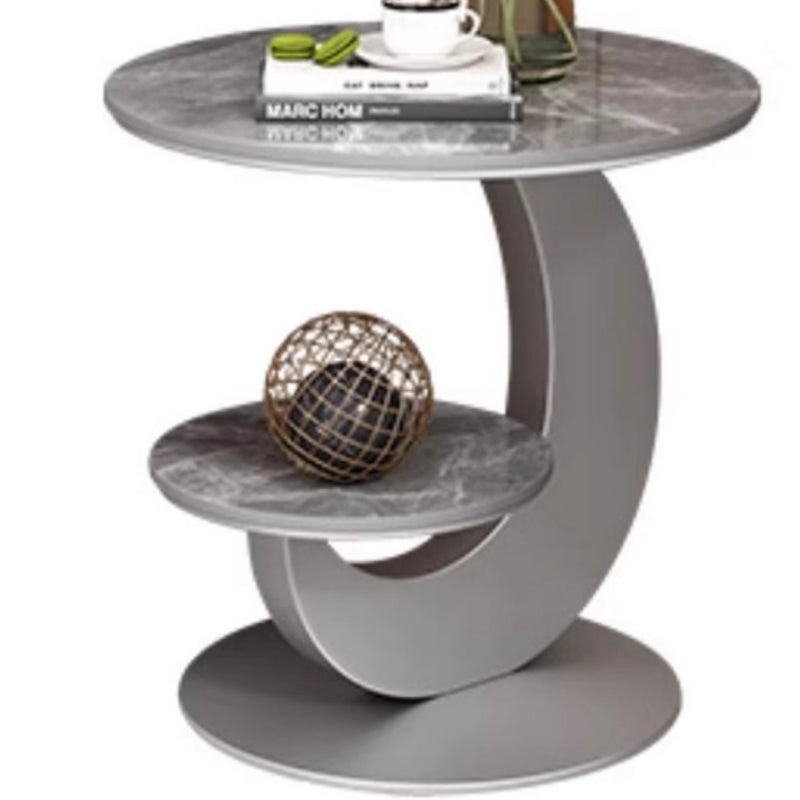 Modern Luxury Sintered Stone Engineered Wood Metal Round Curved Coffee Table 2-Tier For Living Room
