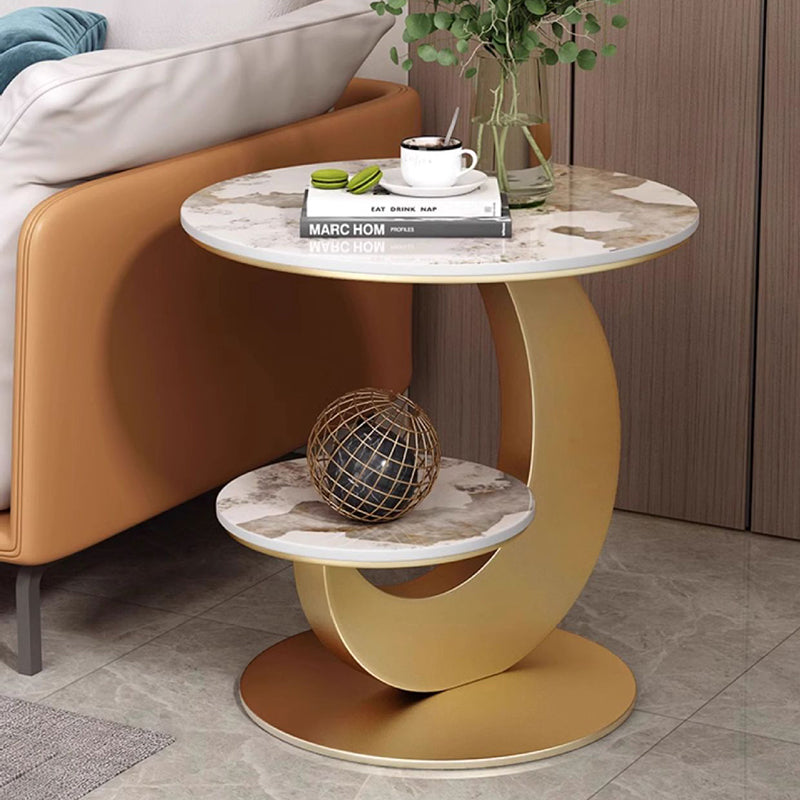 Modern Luxury Sintered Stone Engineered Wood Metal Round Curved Coffee Table 2-Tier For Living Room