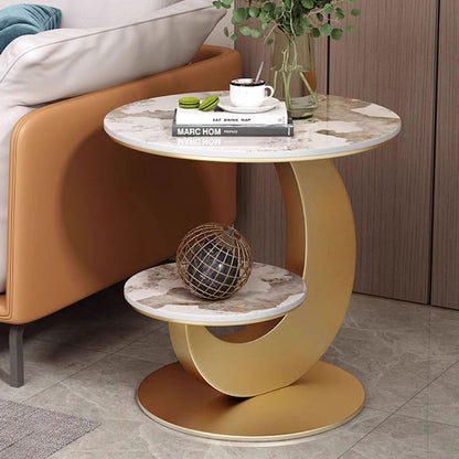 Modern Luxury Sintered Stone Engineered Wood Metal Round Curved Coffee Table 2-Tier For Living Room