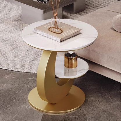Modern Luxury Sintered Stone Engineered Wood Metal Round Curved Coffee Table 2-Tier For Living Room