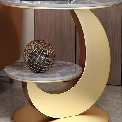 Modern Luxury Sintered Stone Engineered Wood Metal Round Curved Coffee Table 2-Tier For Living Room