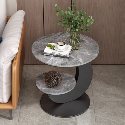 Modern Luxury Sintered Stone Engineered Wood Metal Round Curved Coffee Table 2-Tier For Living Room