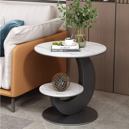 Modern Luxury Sintered Stone Engineered Wood Metal Round Curved Coffee Table 2-Tier For Living Room