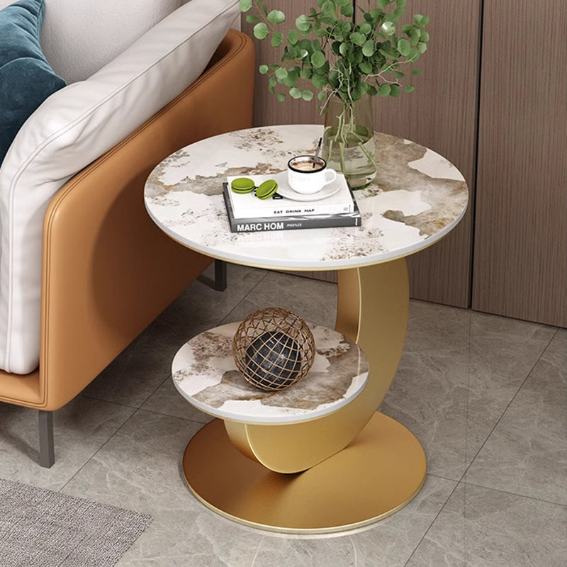 Modern Luxury Sintered Stone Engineered Wood Metal Round Curved Coffee Table 2-Tier For Living Room