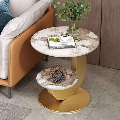 Modern Luxury Sintered Stone Engineered Wood Metal Round Curved Coffee Table 2-Tier For Living Room