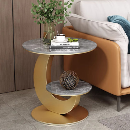 Modern Luxury Sintered Stone Engineered Wood Metal Round Curved Coffee Table 2-Tier For Living Room