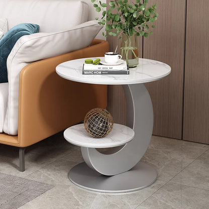 Modern Luxury Sintered Stone Engineered Wood Metal Round Curved Coffee Table 2-Tier For Living Room