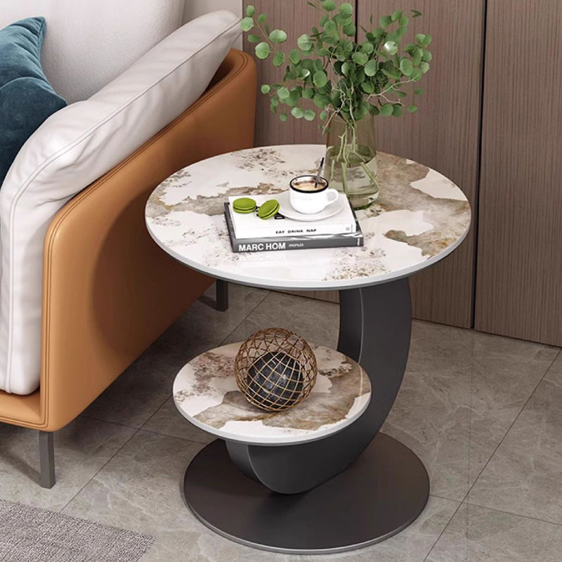 Modern Luxury Sintered Stone Engineered Wood Metal Round Curved Coffee Table 2-Tier For Living Room