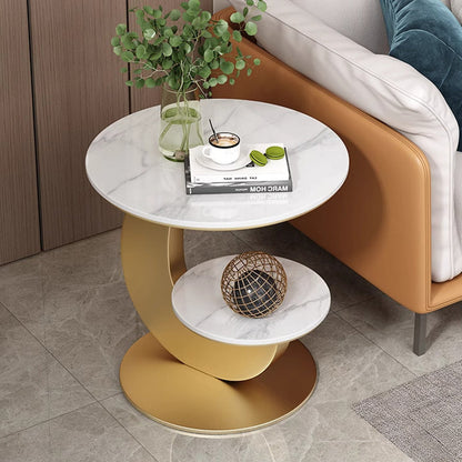 Modern Luxury Sintered Stone Engineered Wood Metal Round Curved Coffee Table 2-Tier For Living Room