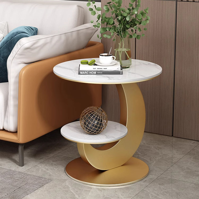 Modern Luxury Sintered Stone Engineered Wood Metal Round Curved Coffee Table 2-Tier For Living Room
