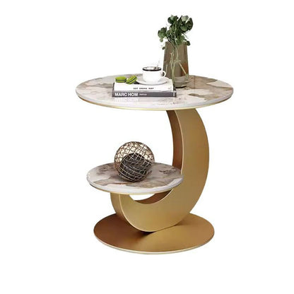 Modern Luxury Sintered Stone Engineered Wood Metal Round Curved Coffee Table 2-Tier For Living Room