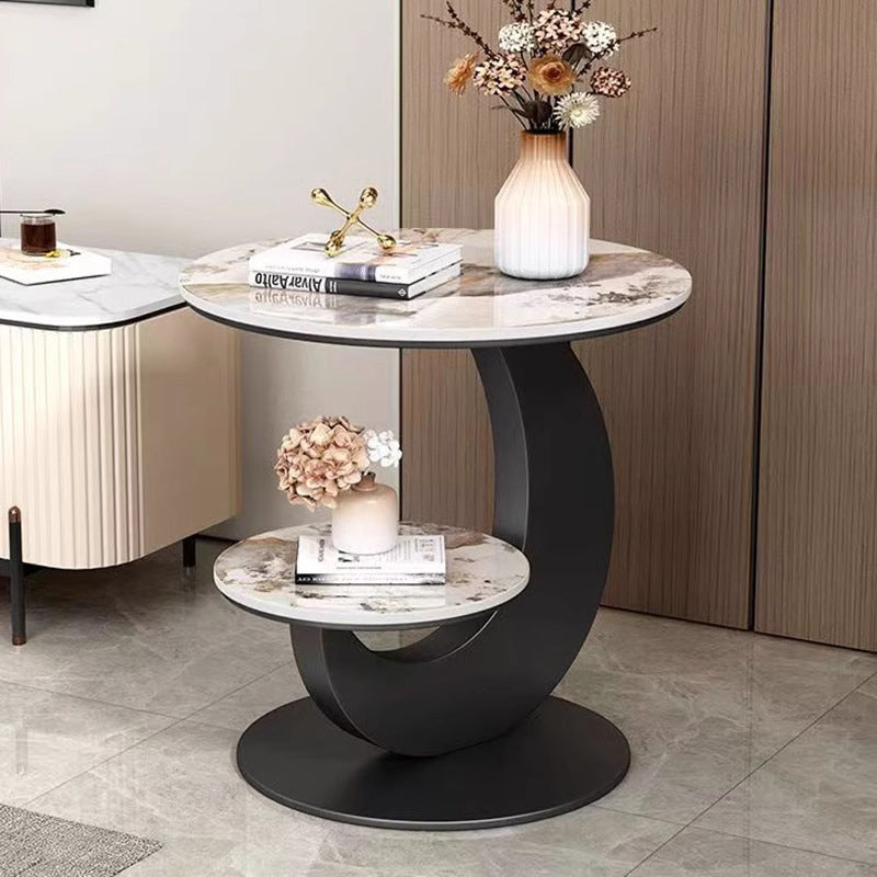 Modern Luxury Sintered Stone Engineered Wood Metal Round Curved Coffee Table 2-Tier For Living Room
