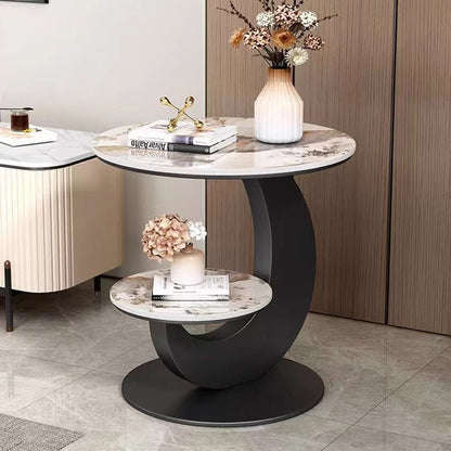 Modern Luxury Sintered Stone Engineered Wood Metal Round Curved Coffee Table 2-Tier For Living Room