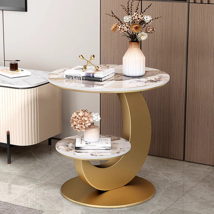 Modern Luxury Sintered Stone Engineered Wood Metal Round Curved Coffee Table 2-Tier For Living Room