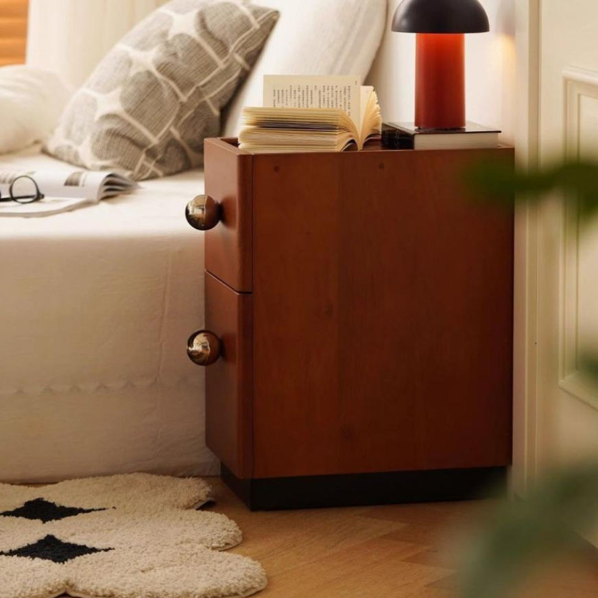 Traditional Vintage Solid Wood Stainless Steel Rectangular Ball Nightstand 2-Tier For Bedroom