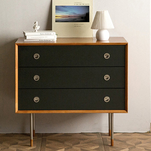 Contemporary Scandinavian Engineered Wood & Stainless Steel Square Cylindrical Legs Nightstand With 2/3 Drawers For Bedroom