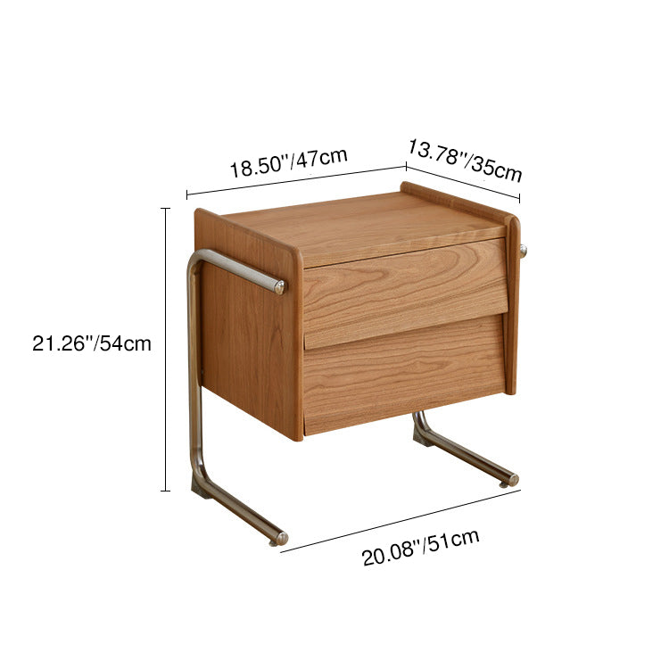 Traditional Chinese Pine Wood Stainless Steel Floating Curved Square Nightstand With 2 Drawers For Bedroom