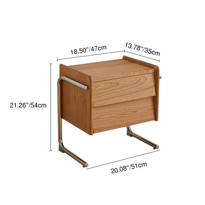 Traditional Chinese Pine Wood Stainless Steel Floating Curved Square Nightstand With 2 Drawers For Bedroom