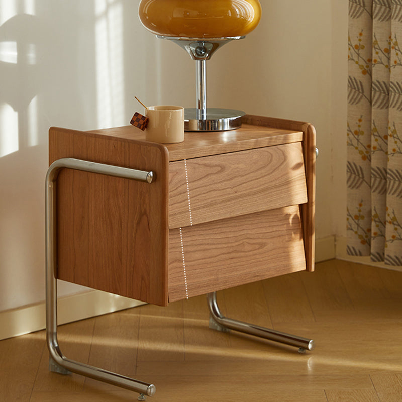Traditional Chinese Pine Wood Stainless Steel Floating Curved Square Nightstand With 2 Drawers For Bedroom