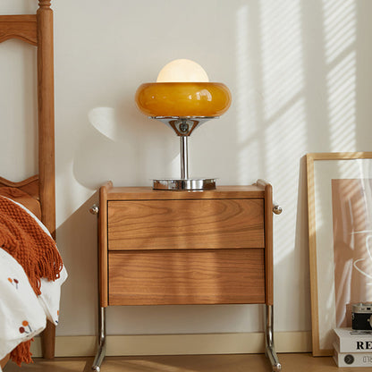 Traditional Chinese Pine Wood Stainless Steel Floating Curved Square Nightstand With 2 Drawers For Bedroom