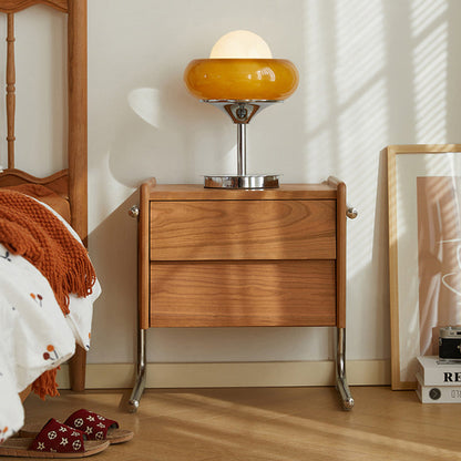 Traditional Chinese Pine Wood Stainless Steel Floating Curved Square Nightstand With 2 Drawers For Bedroom
