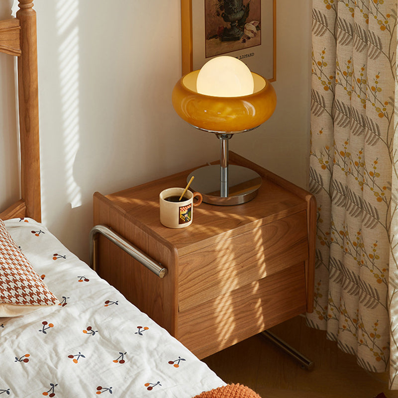 Traditional Chinese Pine Wood Stainless Steel Floating Curved Square Nightstand With 2 Drawers For Bedroom