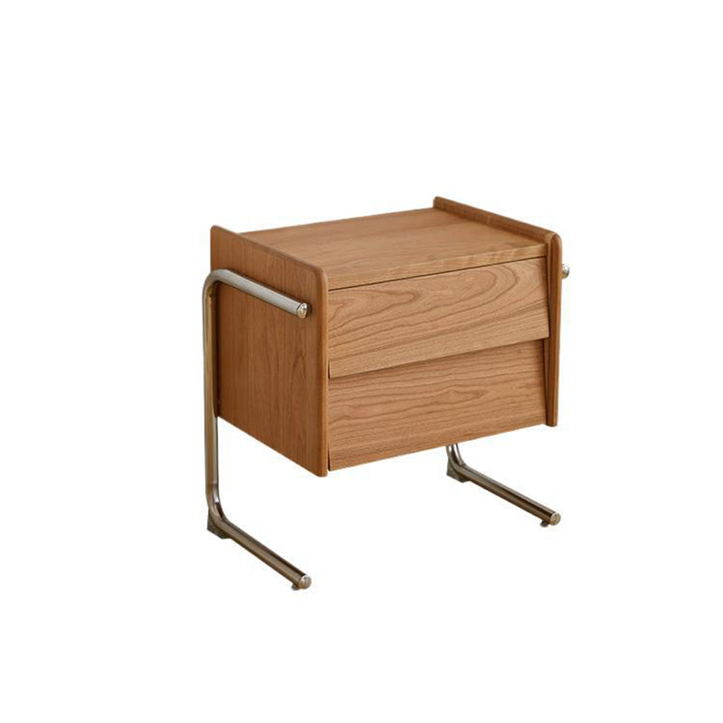 Traditional Chinese Pine Wood Stainless Steel Floating Curved Square Nightstand With 2 Drawers For Bedroom