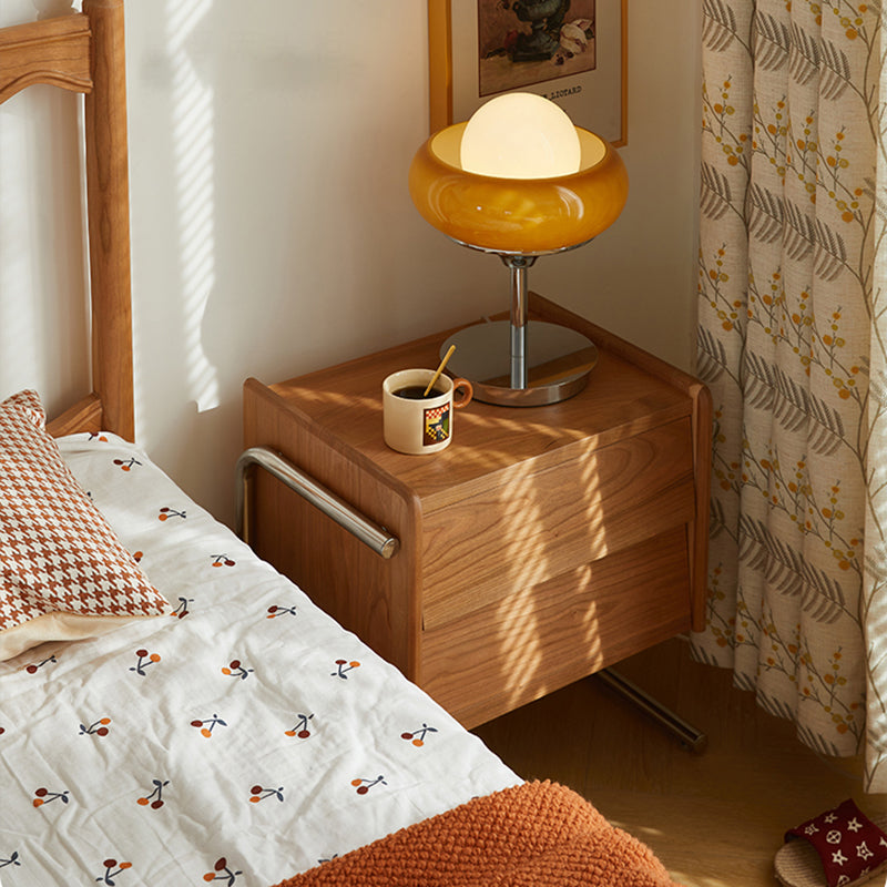 Traditional Chinese Pine Wood Stainless Steel Floating Curved Square Nightstand With 2 Drawers For Bedroom