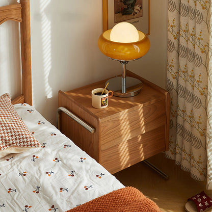 Traditional Chinese Pine Wood Stainless Steel Floating Curved Square Nightstand With 2 Drawers For Bedroom