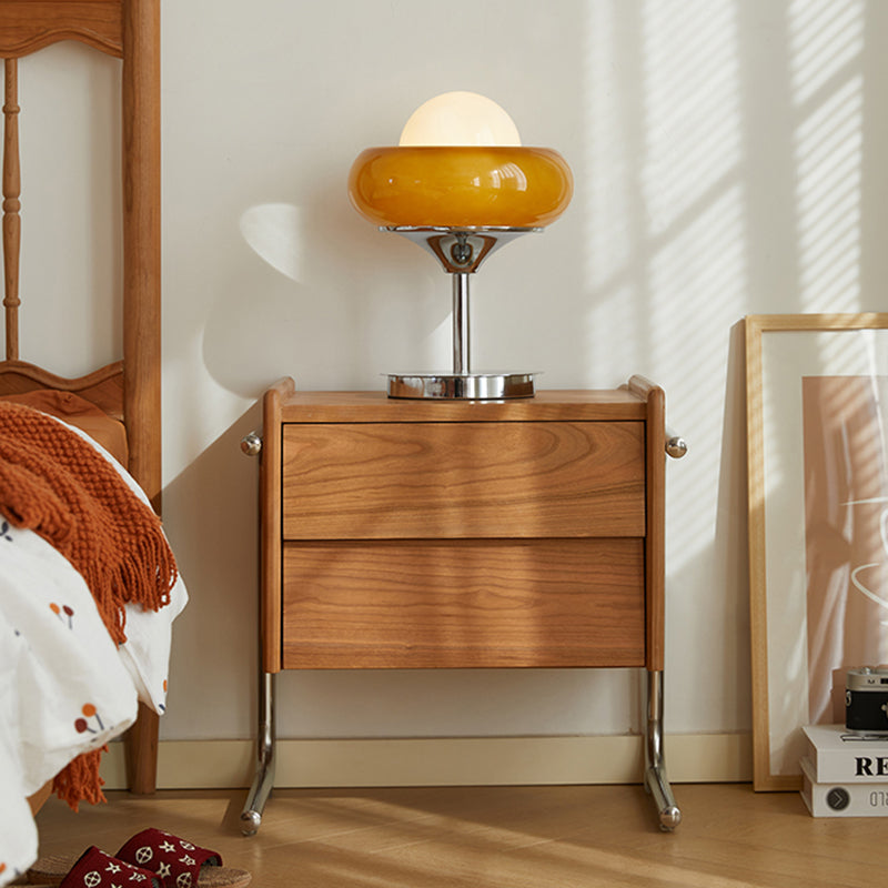 Traditional Chinese Pine Wood Stainless Steel Floating Curved Square Nightstand With 2 Drawers For Bedroom