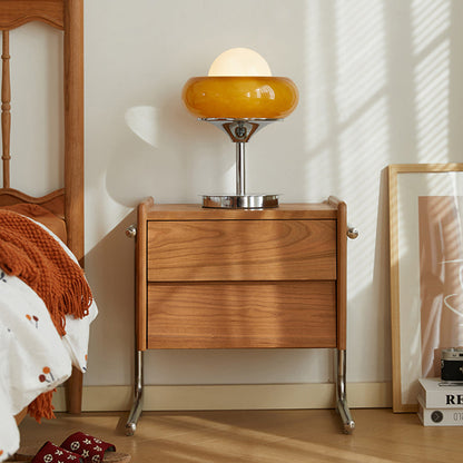 Traditional Chinese Pine Wood Stainless Steel Floating Curved Square Nightstand With 2 Drawers For Bedroom
