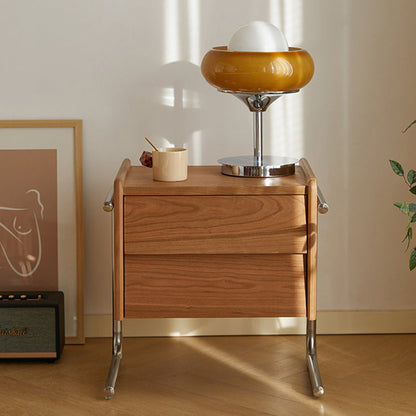 Traditional Chinese Pine Wood Stainless Steel Floating Curved Square Nightstand With 2 Drawers For Bedroom