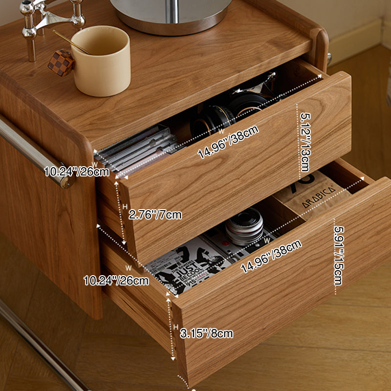 Traditional Chinese Pine Wood Stainless Steel Floating Curved Square Nightstand With 2 Drawers For Bedroom