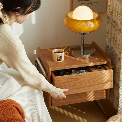 Traditional Chinese Pine Wood Stainless Steel Floating Curved Square Nightstand With 2 Drawers For Bedroom