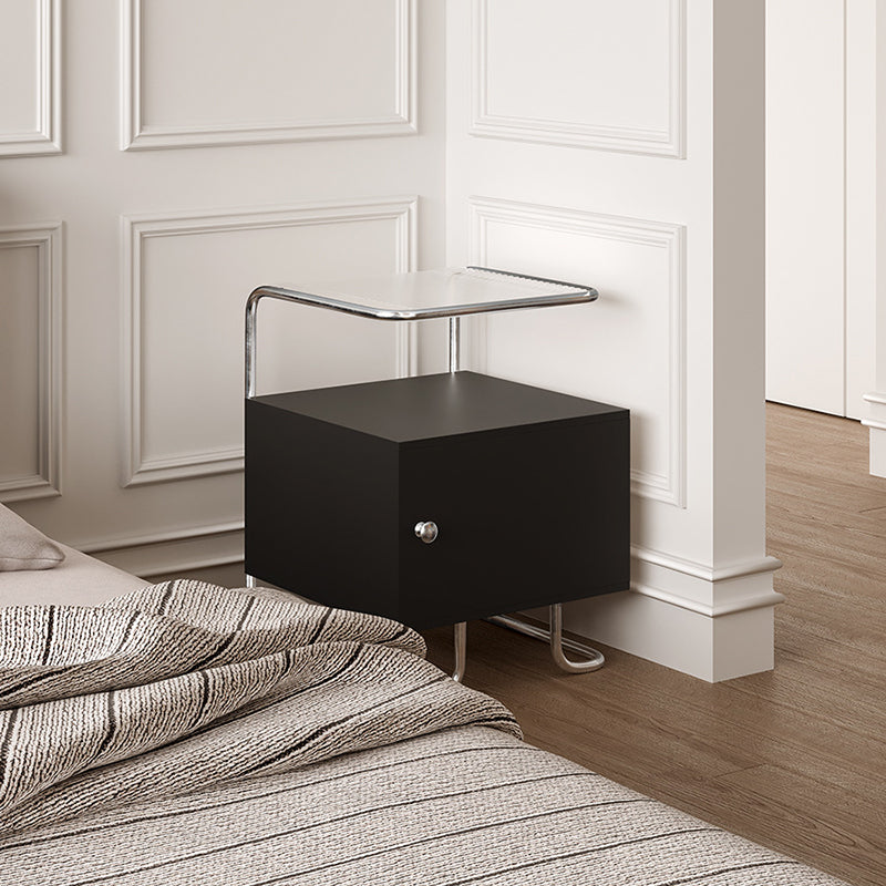 Modern Minimalist Acrylic Stainless Steel Solid Wood Curved Square Nightstand With 1-Cabinet For Bedroom