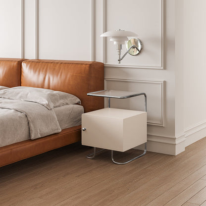 Modern Minimalist Acrylic Stainless Steel Solid Wood Curved Square Nightstand With 1-Cabinet For Bedroom