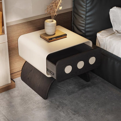 Contemporary Creative Engineered Wood Carbon Steel Cat Scratch Leather Arched Rounded Rectangular Nightstand With 1 Drawer For Bedroom