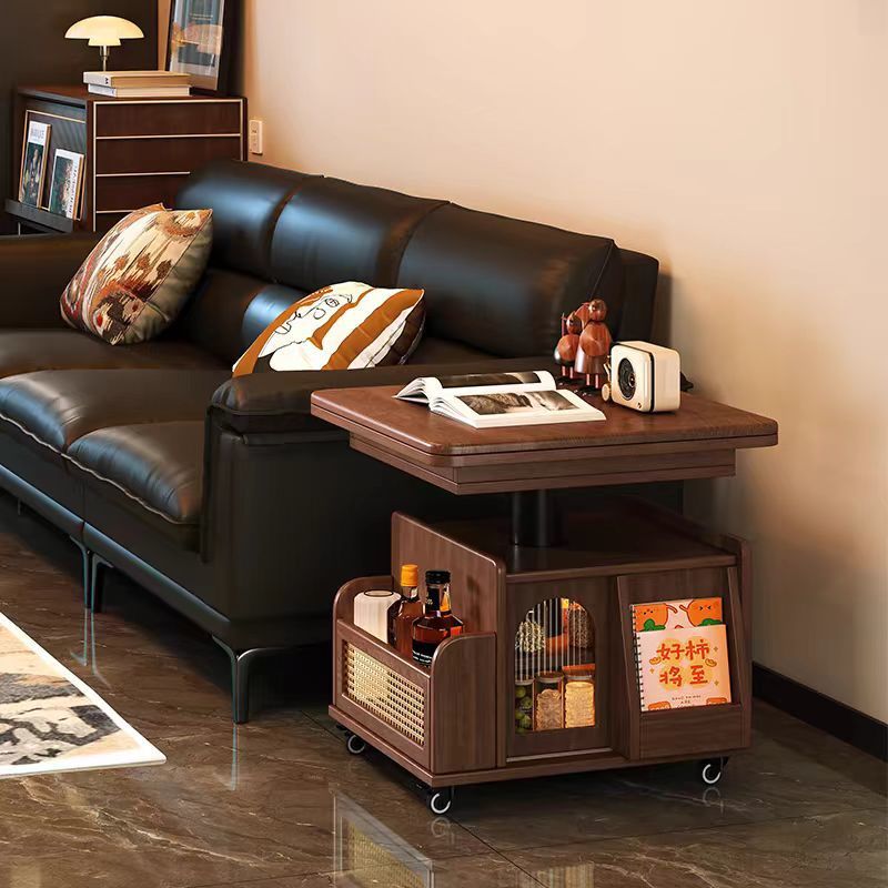 Traditional Vintage Solid Wood Glass Metal Rectangular Lift-Top Movable Coffee Table With 2 Tiers For Living Room