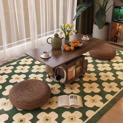Traditional Vintage Solid Wood Glass Metal Rectangular Lift-Top Movable Coffee Table With 2 Tiers For Living Room