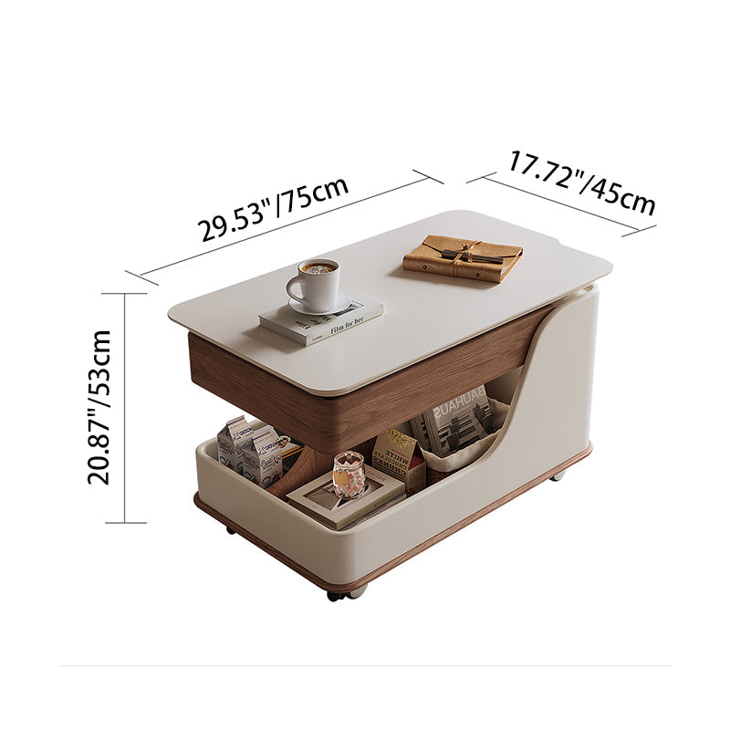 Contemporary Creative Sintered Stone Glass Engineered Wood Metal Rectangular Curved Coffee Table Lift-Top 3-Tier For Living Room