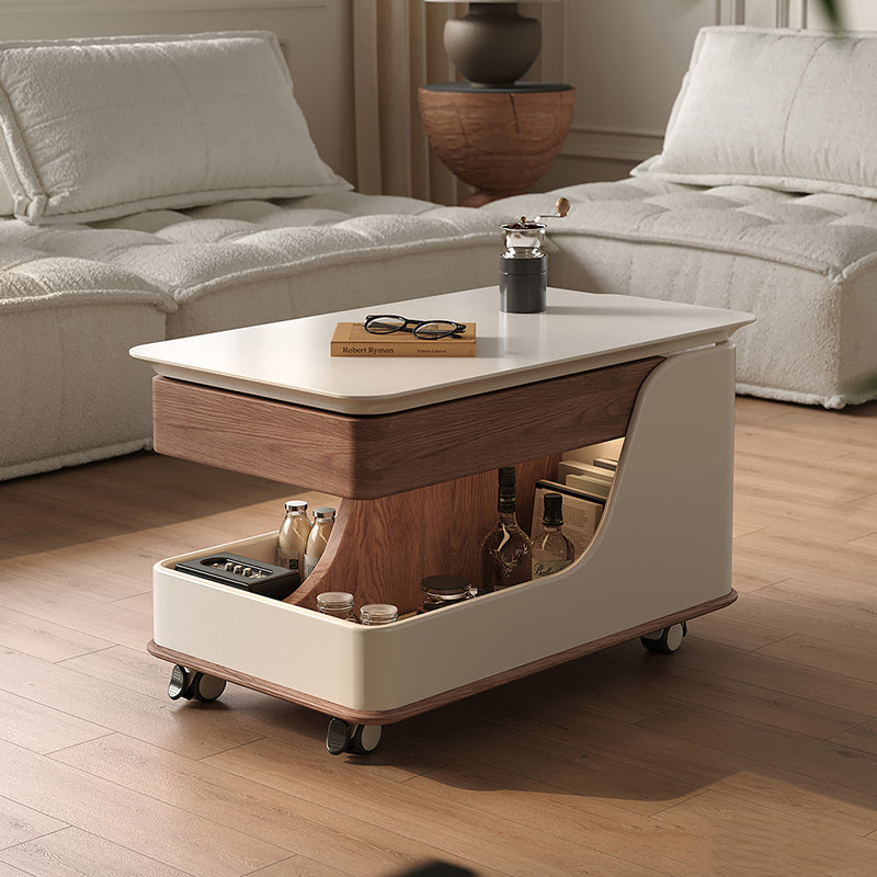 Contemporary Creative Sintered Stone Glass Engineered Wood Metal Rectangular Curved Coffee Table Lift-Top 3-Tier For Living Room