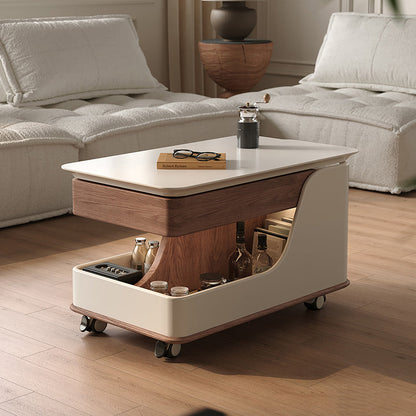 Contemporary Creative Sintered Stone Glass Engineered Wood Metal Rectangular Curved Coffee Table Lift-Top 3-Tier For Living Room