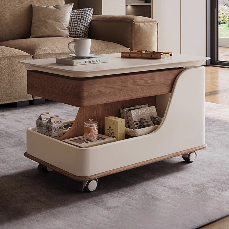 Contemporary Creative Sintered Stone Glass Engineered Wood Metal Rectangular Curved Coffee Table Lift-Top 3-Tier For Living Room