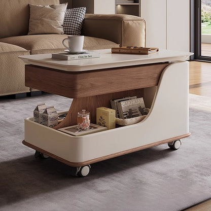 Contemporary Creative Sintered Stone Glass Engineered Wood Metal Rectangular Curved Coffee Table Lift-Top 3-Tier For Living Room