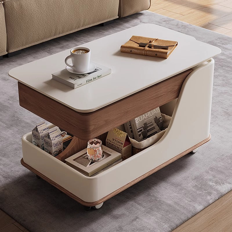 Contemporary Creative Sintered Stone Glass Engineered Wood Metal Rectangular Curved Coffee Table Lift-Top 3-Tier For Living Room